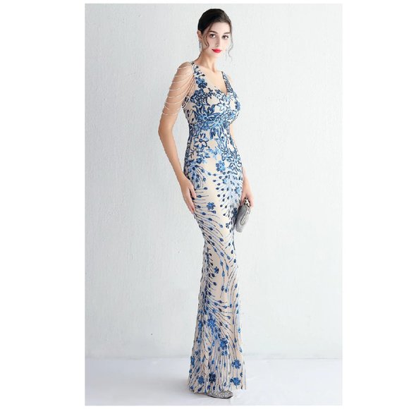 Blue Sequin Dress Glittering Formal Evening Gown Floor Length Event Dress - Picture 2 of 6